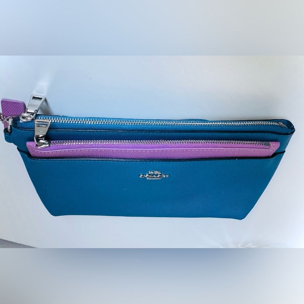 Coach Colorblock Leather Wristlet Wallet Blue Purple Zip Clutch Pouch - Picture 5 of 11